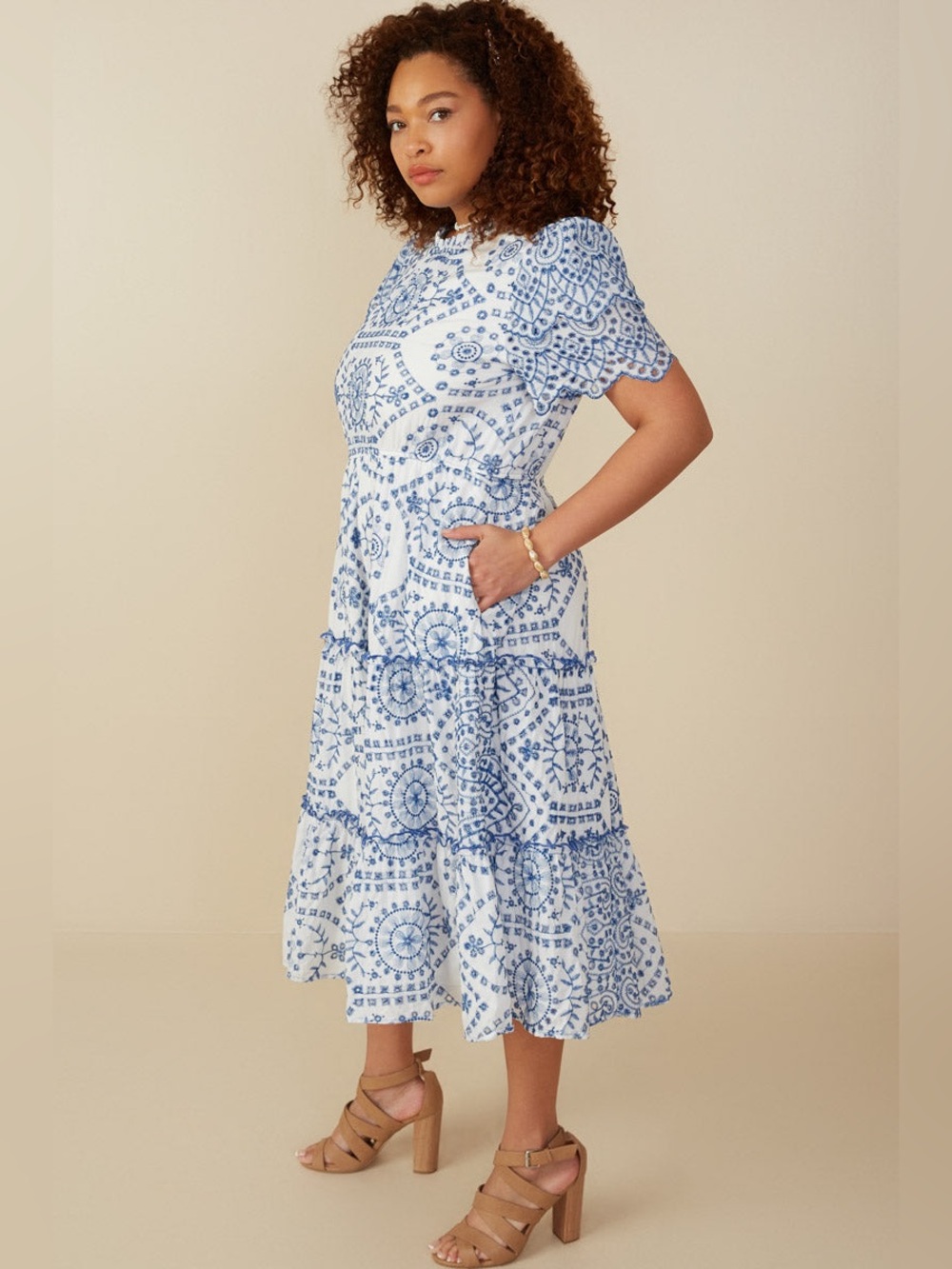 Hayden Los Angeles Eyelet Lace Scallop Sleeve Midi Dress- missing keyhole button